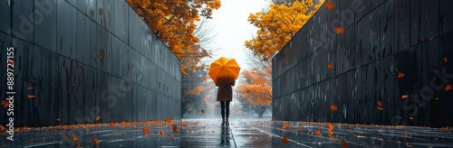 Woman Walking With Yellow Umbrella in Autumn Rain