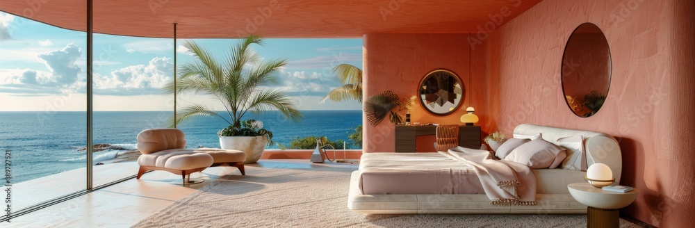 Fototapeta premium Pink Beachfront Bedroom With Ocean View and White Bedding