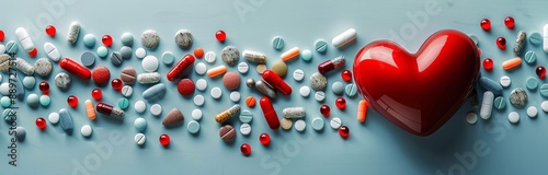 Red Heart Surrounded by White and Blue Pills on a Light Blue Background