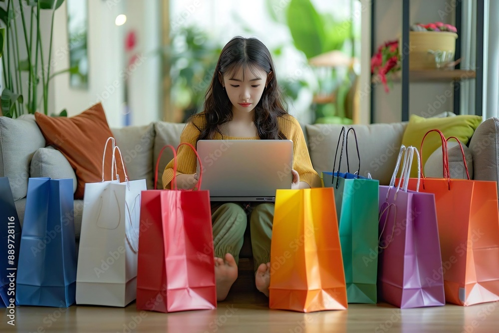 young woman sitting on a sofa using a laptop surrounded by colorful shopping bags on the floor. young woman sitting on a sofa using a laptop surrounded by colorful shopping bags on the floor.