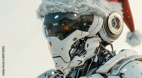 A White Robot Wearing A Santa Hat Looks Toward The Right