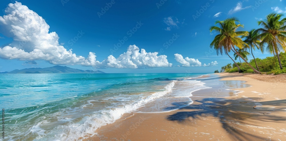 Clear Blue Water and White Sand Beach With Palm Trees on a Sunny Day Clear Blue Water and White Sand Beach With Palm Trees on a Sunny Day