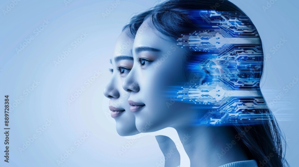 Fototapeta premium Woman's Profile With Digital Circuitry Overlap