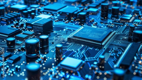 Close Up of Blue Circuit Board With Integrated Circuit