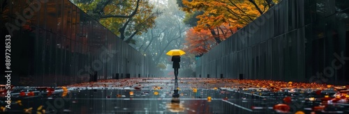 Person Walking With Yellow Umbrella Under Rainy Sky in Autumn City