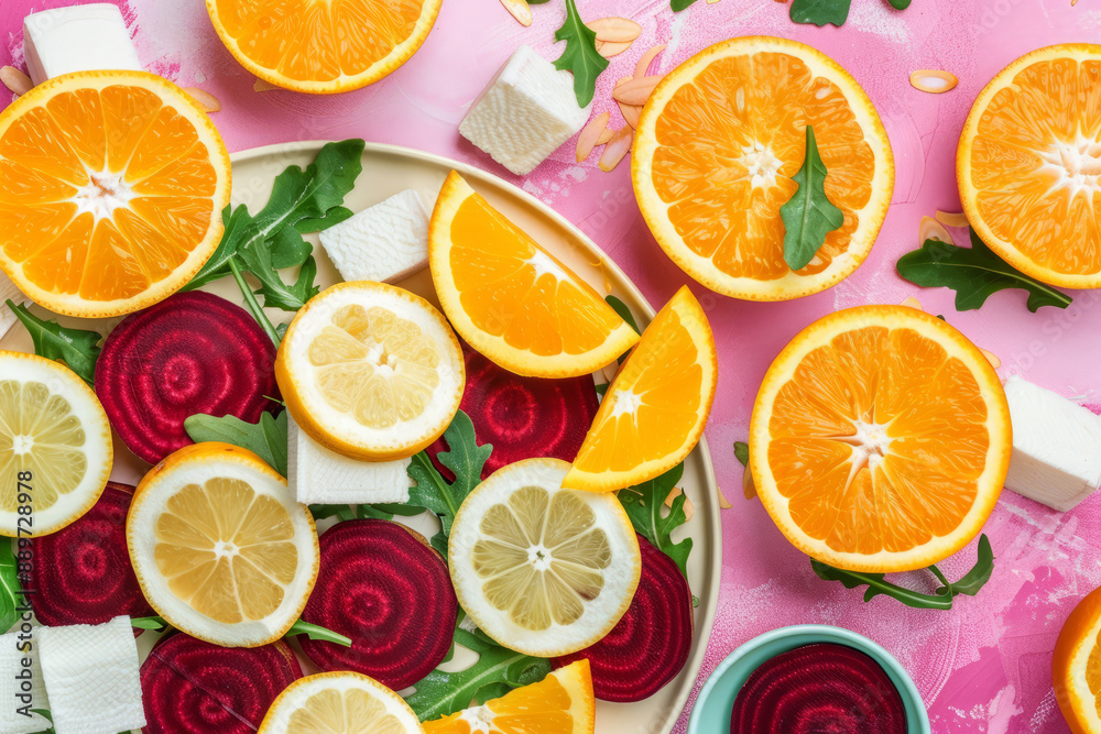 Fototapeta premium Enjoy a vibrant and colorful citrus and beetroot salad topped with cheese on a pink background