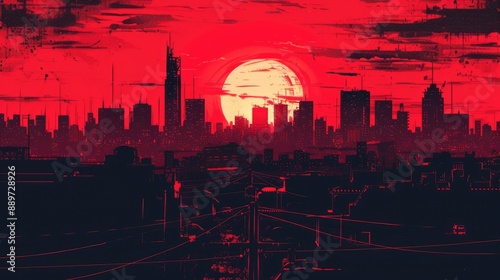 Sunset in a sinful city. Red and black illustration. AI generative.