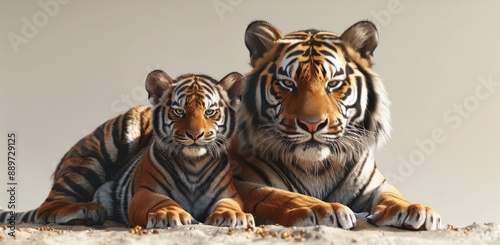 Tiger and Cub Resting in Snowy Meadow