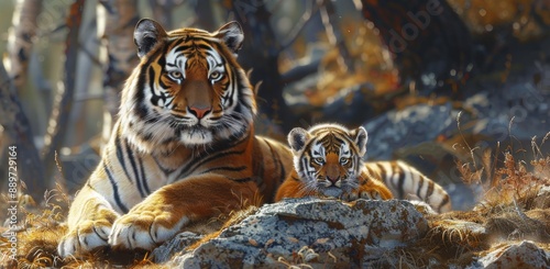 Adult Tiger and Cub Resting in Tall Grass During Autumn