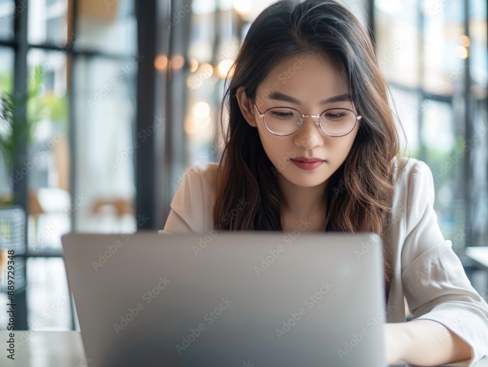A woman sits at a table with a laptop computer, focused on her work A woman sits at a table with a laptop computer, focused on her work