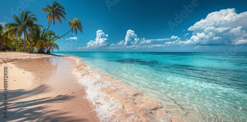 Clear Blue Water and White Sand Beach With Palm Trees on a Sunny Day