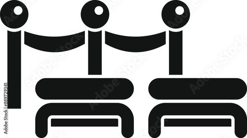 Black and white icon of a waiting line with a rope barrier and stanchions, often seen at events