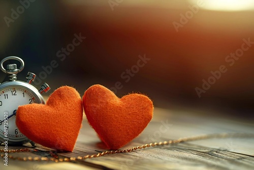 close-up shot of two heart shapes and a stopwatch on a wooden desk, symbolizing the concept of speed dating. The contrasting elements of love and time create an intriguing visual narrative. photo