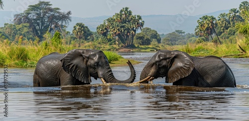 Two Elephants Crossing a River in the African Savanna at Sunset