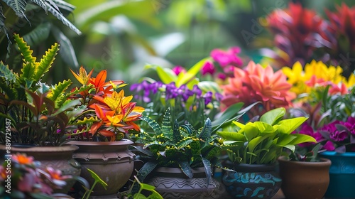 Exotic plants and colorful flowers in decorative pots