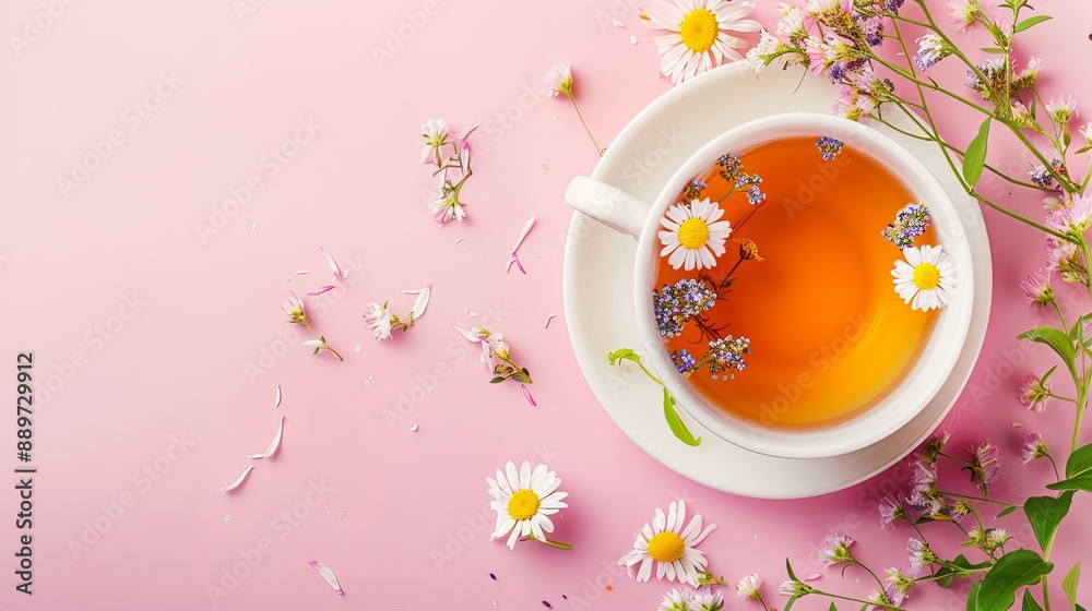 Cup of tea with fresh flowers on a pink background Top view with copy space Cup of tea with fresh flowers on a pink background Top view with copy space