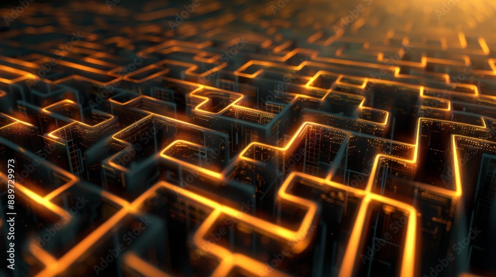 Obraz premium A close-up view of a digital maze, the intricate pathways illuminated by glowing orange lines. The image creates a sense of depth and complexity, suggesting the challenge of navigating the maze.
