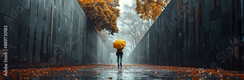 Person Walking With Yellow Umbrella Under Rainy Sky in Autumn City