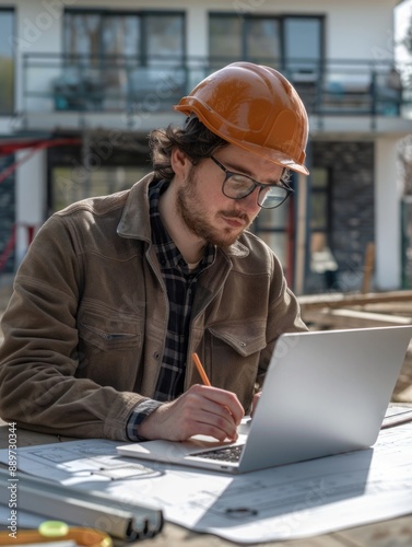 A construction worker uses a laptop in a hard hat and safety vest, suitable for business or construction themed projects