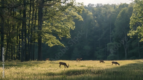 Some deer grazing peacefully in the distance