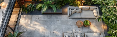 A Top View of a Secluded Patio With a Grey Sofa and Lush Greenery