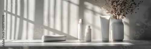 A Group of White Skincare Products Displayed on a White Surface With a Plant ...