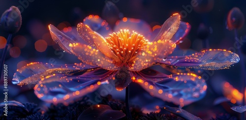 A Close Up View Of A Single Blooming Flower With Orange Center And Purple Petals