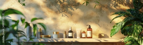 Tropical Inspired Beauty Products Displayed on Shelf in Sunlight