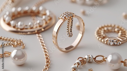 Elegant jewelry pieces like rings, necklaces, and earrings on a beautiful white background. 32k, full ultra HD, high resolution