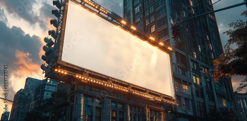 Large Blank Billboard in Downtown City at Sunset