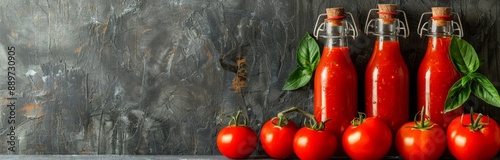 Homemade Tomato Sauce in Glass Bottles With Fresh Tomatoes and Basil