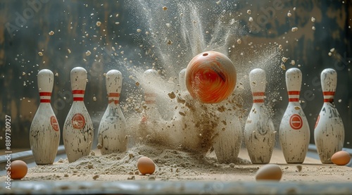 A Bowling Ball Strikes Pins In a Sandy Outdoor Setting