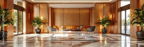 Modern Lobby Interior With Black Marble Flooring, Wooden Wall Panels, and Ora...