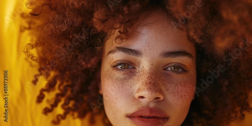 Close-up shot of a woman's face with noticeable freckles photo