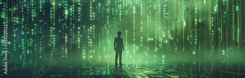 Silhouette of a Woman Walking Through a Green Digital Matrix