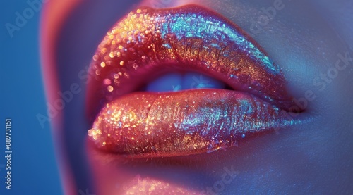 Close Up Of Glittery Lips In Neon Lighting