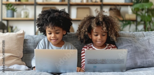 Two Young Children Using Laptops On A Grey Couch
