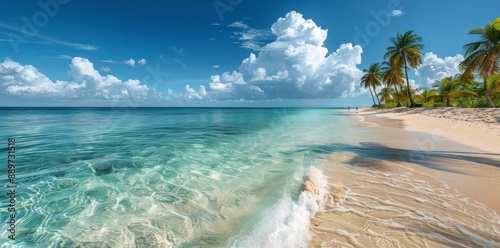 Clear Blue Water and White Sand Beach With Palm Trees on a Sunny Day