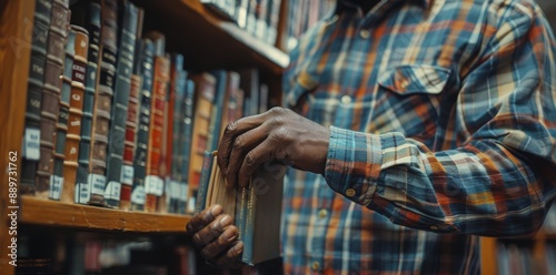 Person Holding a Book in a Library Aisle