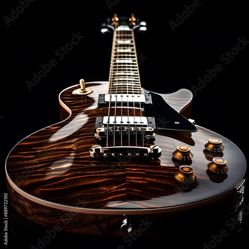  Close-up of a sleek, stylish guitar on a dark background.