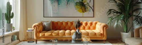 Modern Living Room With Orange Sofa and Palm Plant in a Light Pink Setting