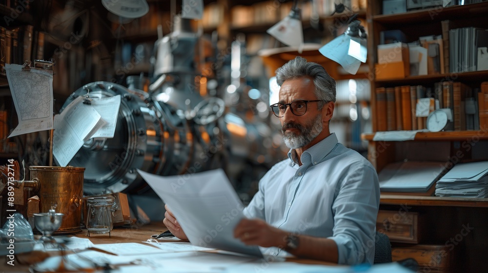 A man is sitting at a desk with a stack of papers in front of him A man is sitting at a desk with a stack of papers in front of him