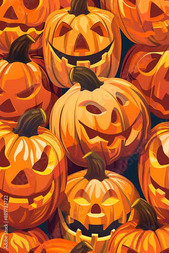 Generative Ai illustration. Halloween pumpkins with scary lanterns in the dark.