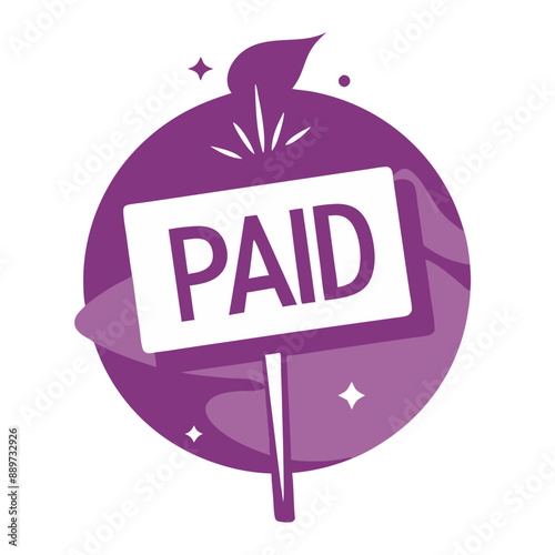 paid Sign Icon, Flat Design in Purple Color, Circular Badge
