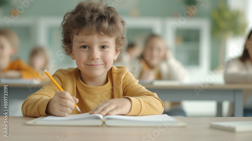 Smiling Schoolboy Writing at Desk in Classroom, Bright Learning Environment, Focused Expression, Yellow Sweater, Education Concept, Young Student, Happy Child, Elementary School, Academic Activity