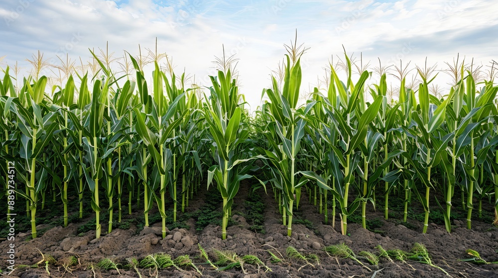 Rows of mature cornstalks stand tall in a field, their green leaves rustling in the breeze. Rows of mature cornstalks stand tall in a field, their green leaves rustling in the breeze.