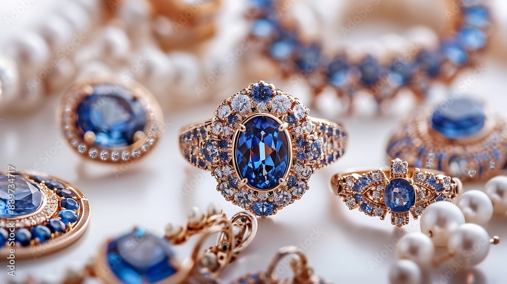 Elegant jewelry pieces like rings, necklaces, and earrings on a beautiful white background. 32k, full ultra HD, high resolution Elegant jewelry pieces like rings, necklaces, and earrings on a beautiful white background. 32k, full ultra HD, high resolution