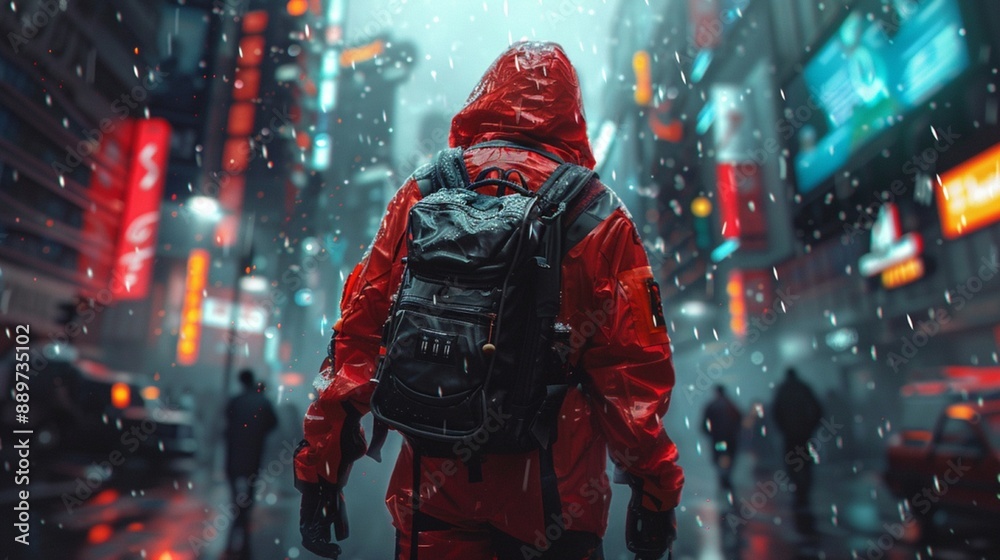 A man in a red jacket with a backpack walks on city street A man in a red jacket with a backpack walks on city street