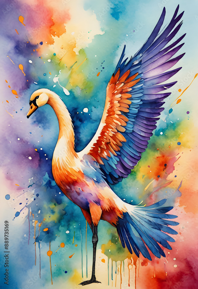 Obraz premium Vibrant Watercolor Peacock with Splattered Ink