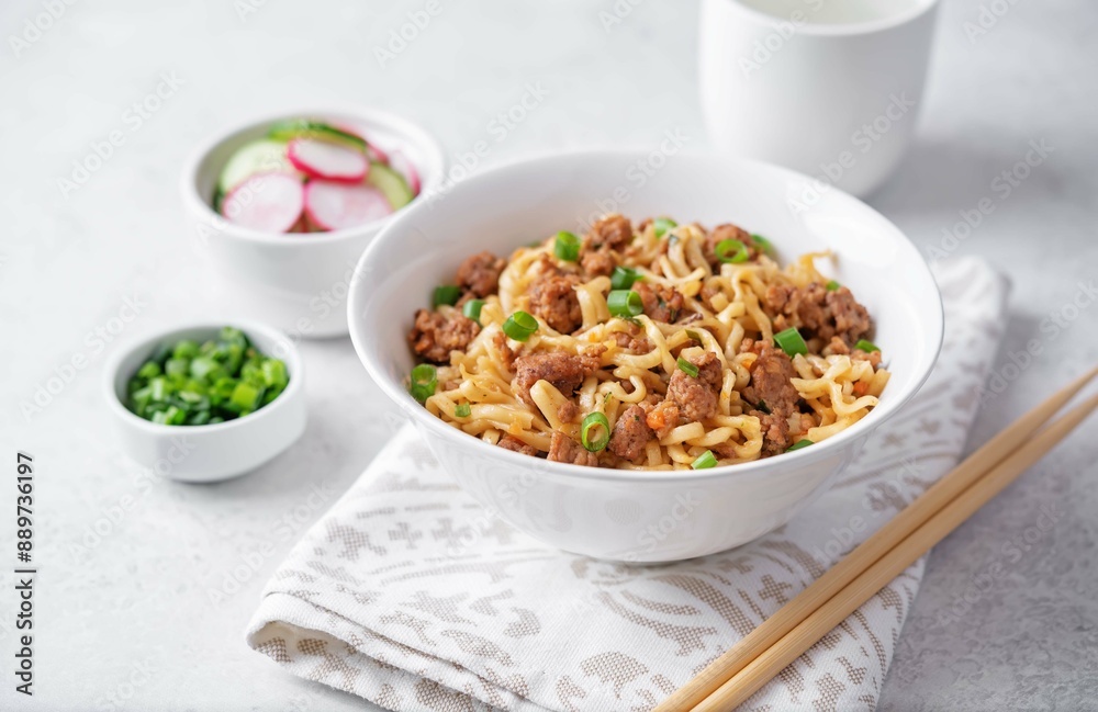 Ground meat spicy ramen noodles in a bowl Ground meat spicy ramen noodles in a bowl